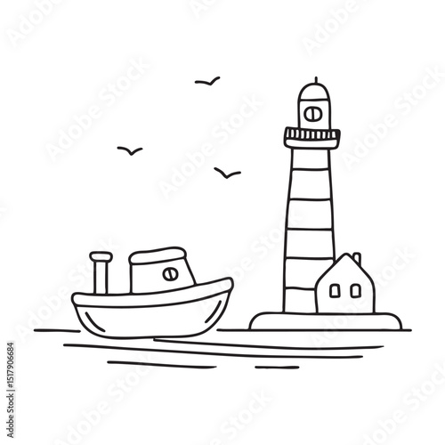 A tug tied up next to a small lighthouse