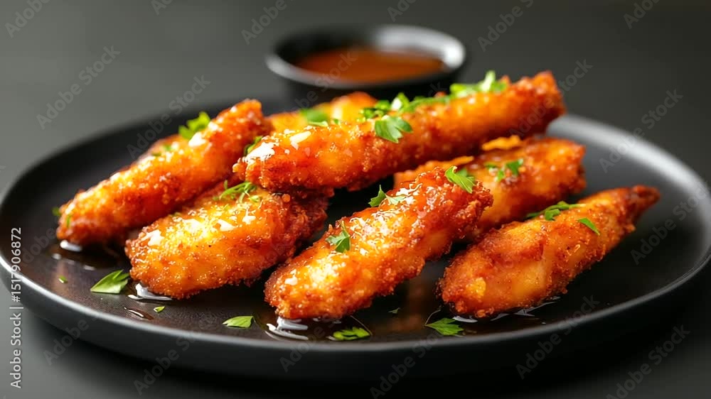 Beautiful food styling of crispy chicken nuggets arranged in spiral, glazed with sticky honey and garnished with chopped parsley Beautiful food styling of crispy chicken nuggets arranged in spiral, glazed with sticky honey and garnished with chopped parsley