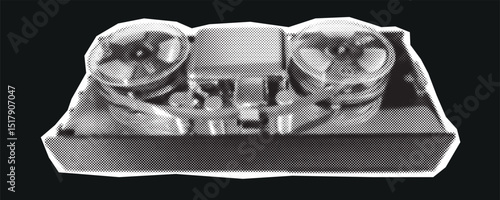 Halftone Cutout Vintage reel to reel tape recorder trendy vector illustration.