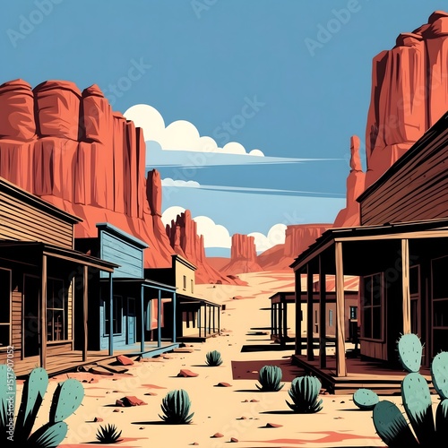 Panoramic View of an Abandoned Wild West Town in a Desert Landscape