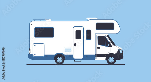White Recreational Vehicle Illustration on Light Blue Background