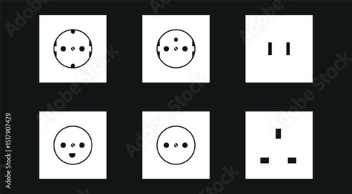 Power socket icon set. Electric outlets featuring a diverse set of power sockets. Vector illustration