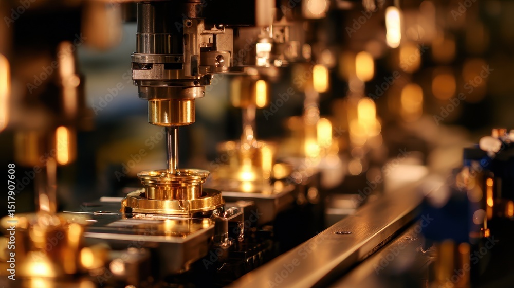 Precision machinery in a factory setting, assembling metallic components with intricate detail Precision machinery in a factory setting, assembling metallic components with intricate detail