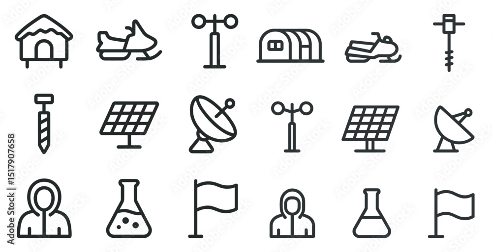 Winter exploration icons set featuring snowmobile and weather instruments Winter exploration icons set featuring snowmobile and weather instruments