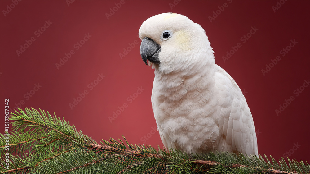Obraz premium Graceful white cockatoo perched on evergreen branch, festive avian harmony, celebrating World Parrot Day and Tropical Christmas