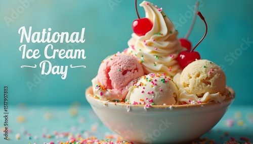 Celebration of ice cream with colorful scoops and toppings on National Ice Cream Day during summertime Generative AI