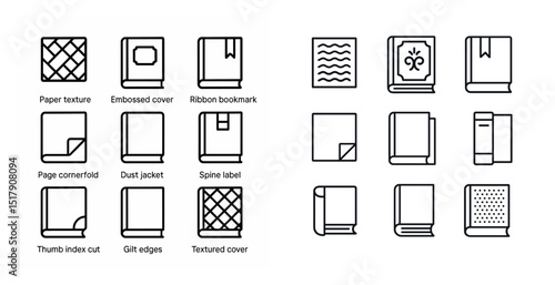 Illustrated icon set featuring book elements and their varied features