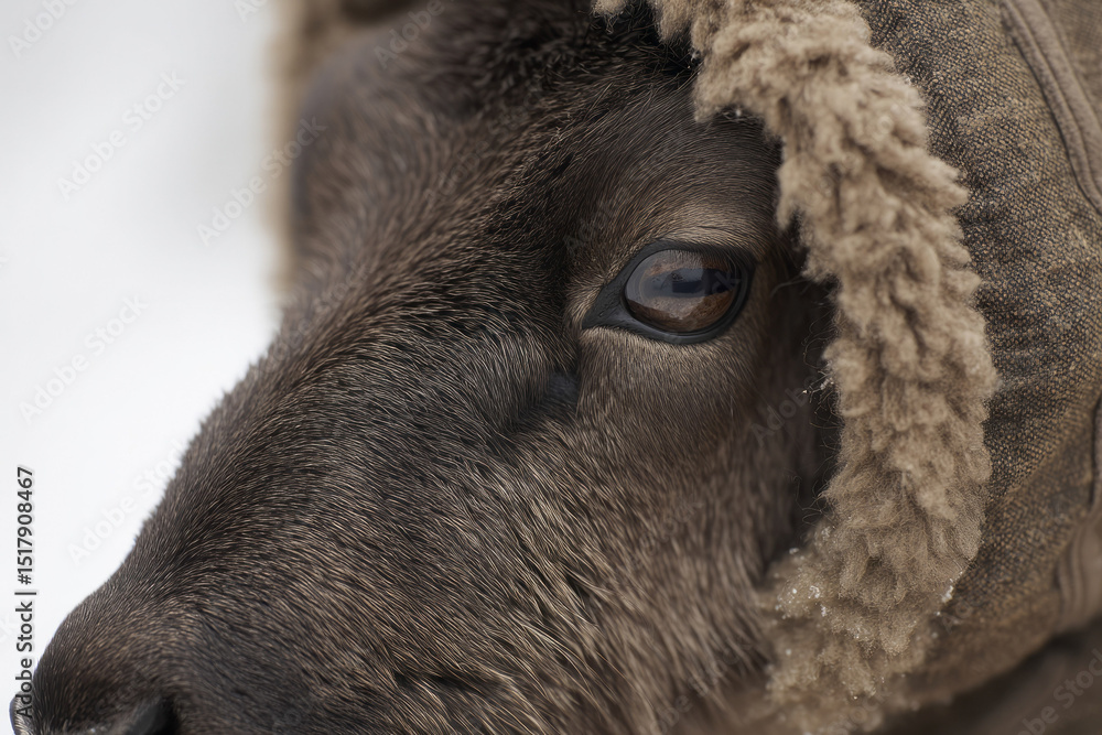 Fototapeta premium Cozy-eyed reindeer adorned with weathered woolen garb, evoking Yule traditions and Sami cultural whispers in frostbitten wilderness