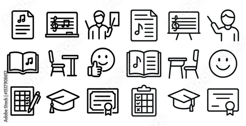 Educational icons illustrating music, learning, and school themes for classroom design