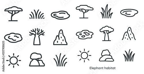 Elephant habitat icons set featuring baobab trees and grass elements