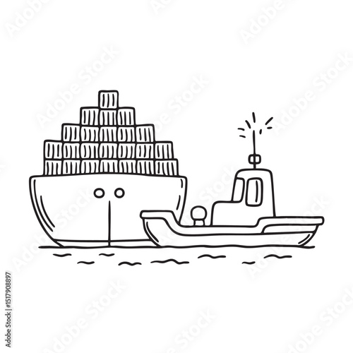 A tugboat beside a docked cargo ship