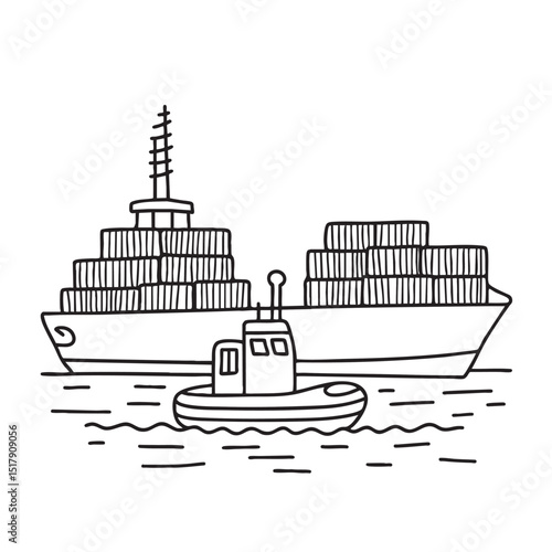 A tug maneuvering close to a docked freight vessel