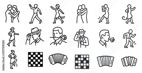 Dance and strategy icons: tango, waltz, chess, and card game concepts for design