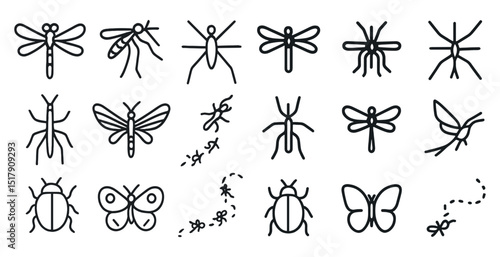 Collection of insect line icons featuring dragonflies, butterflies, and beetles