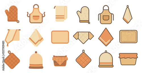 Kitchen essentials collection featuring mitts, aprons, and towels for home decor and functionality
