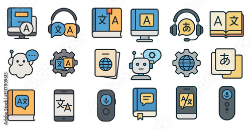 Language translation technology icons for digital interface and communication design