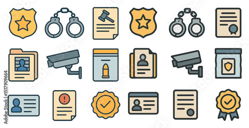 Law enforcement icons set for security and legal designs