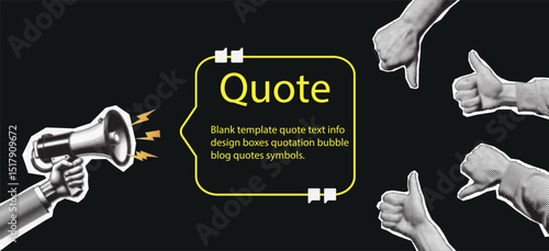 Retro collage with hands and quote frame. Halftone hand holds magnifying glass and speaker