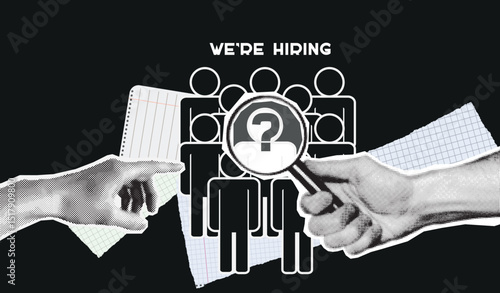 Retro collage with hands and magnifying glass. Spy Game concept. Searching for spy of imposter