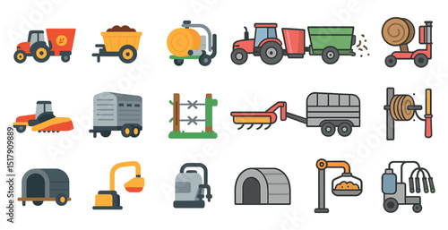 Collection of farming equipment and machinery icons for agricultural design