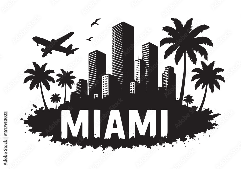 Fototapeta premium Miami City Skyline with Palm Trees and Airplane – Urban Travel Vector Silhouette
