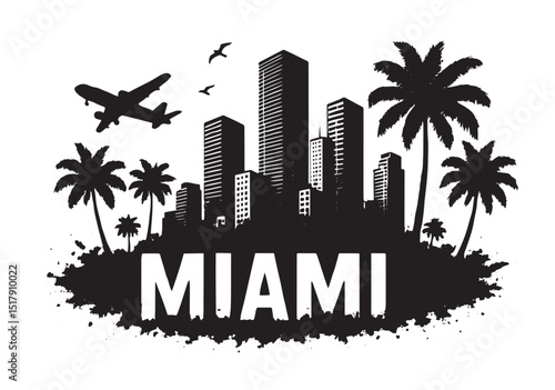 Miami City Skyline with Palm Trees and Airplane – Urban Travel Vector Silhouette