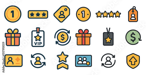 Collection of rating, gift, and vip icons for loyalty and rewards programs