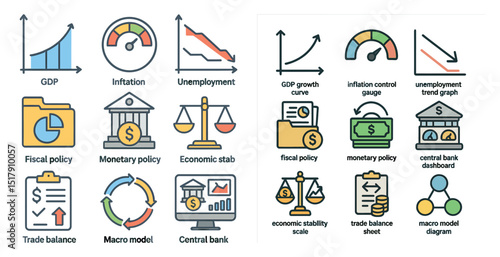 Economic indicators and policies illustrated with graphs and icons
