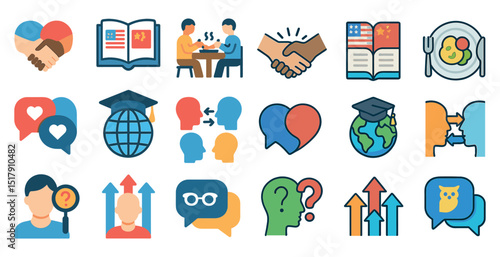 Communication and education icons featuring global and cultural exchange themes