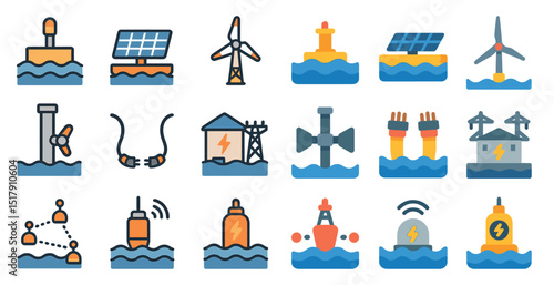 Renewable energy icons set featuring solar, wind, and hydroelectric symbols