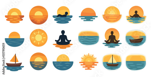 Serene sunset and meditation icons for wellness and tranquility designs