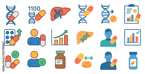 Health and medicine icons featuring dna, pills, liver, and growth charts for design and education