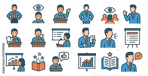 Business presentation icons set for professional communication and design