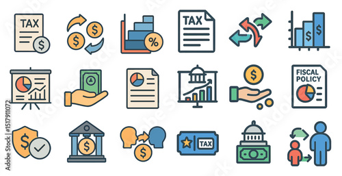 Economic growth and taxation: financial charts and fiscal policy icons for strategic planning