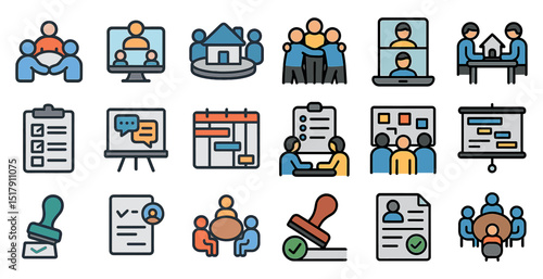 Collaborative teamwork and project management icons for business design