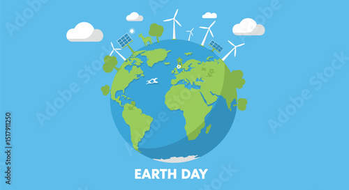 Earth Day Illustration with Globe Wind Turbines Solar Panels and Trees on Blue Background