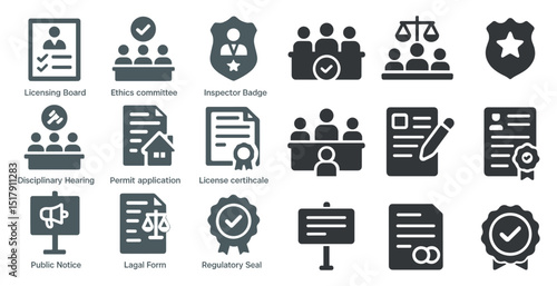 Legal and regulatory icons set for compliance and licensing purposes