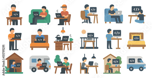 Diverse remote work and coding concepts for home and outdoors settings