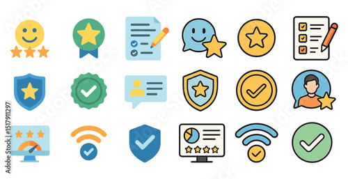 Variety of colorful rating and certification icons for digital use and design projects
