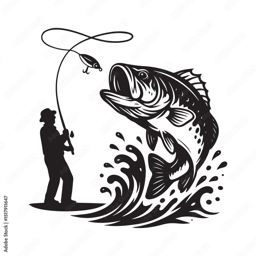 Fototapeta premium Vintage Fisherman Catching Big Bass – Black and White Fishing Vector Illustration