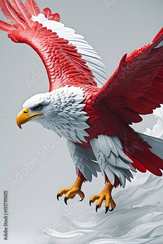 Red and White Eagle Soaring with Falling Feathers and Abstract Forms