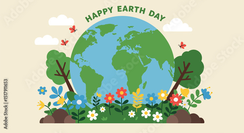 Happy Earth Day illustration with globe trees flowers butterflies and clouds on beige background