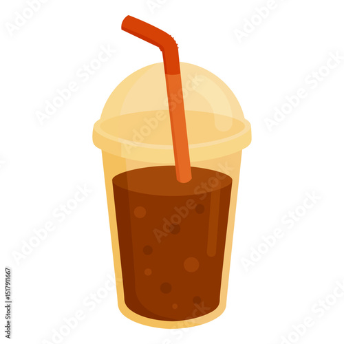 Vector illustration of a plastic cup with brown soda and red straw, cartoon flat style.