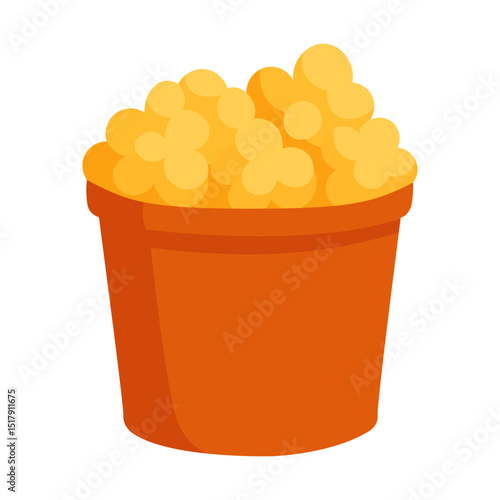 Vector illustration of a red bucket filled with popcorn, cartoon flat style, isolated.