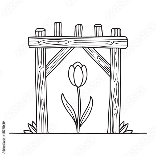 A tulip sprouting beneath a patterned wooden trellis