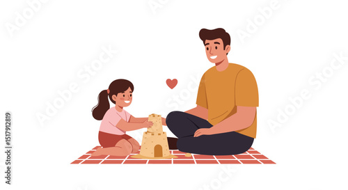 Father and Daughter Building Sandcastle Together on Picnic Blanket Quality Time and Family Bonding