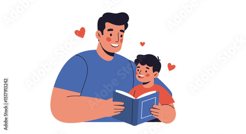 Father and Son Reading a Book Together with Hearts Floating Around them in Love