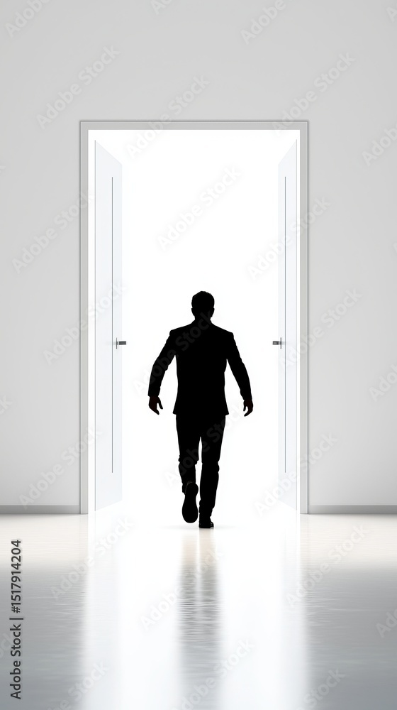 Escape exit minimalist. A silhouette of a man walking through an open door into a brightly lit, minimalistic room. Escape exit minimalist. A silhouette of a man walking through an open door into a brightly lit, minimalistic room.