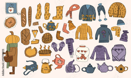A set of autumn and hygge clothing and food graphic elements.