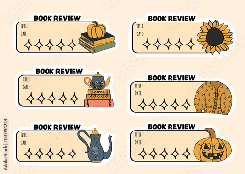 A set of autumn-themed book review stickers.